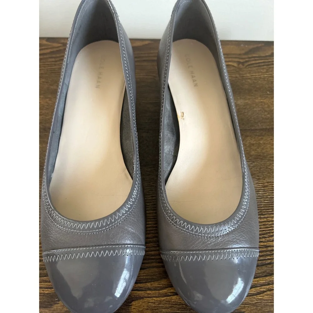 Cole Haan Grey Leather Patent Cap Toe Wedge Pumps Heels Womens Size 8.5 B